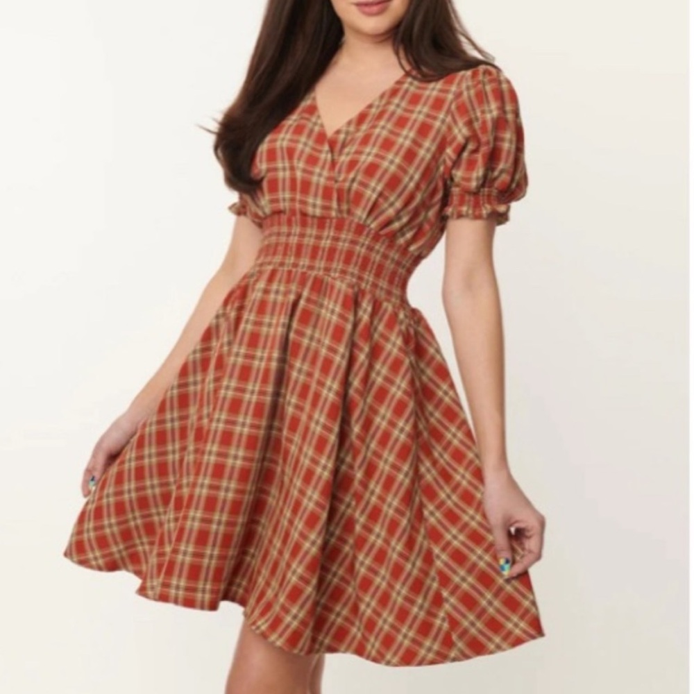 NWOT Unique Vintage Rust Red & Green Plaid Smocked Flare Dress size XL/14